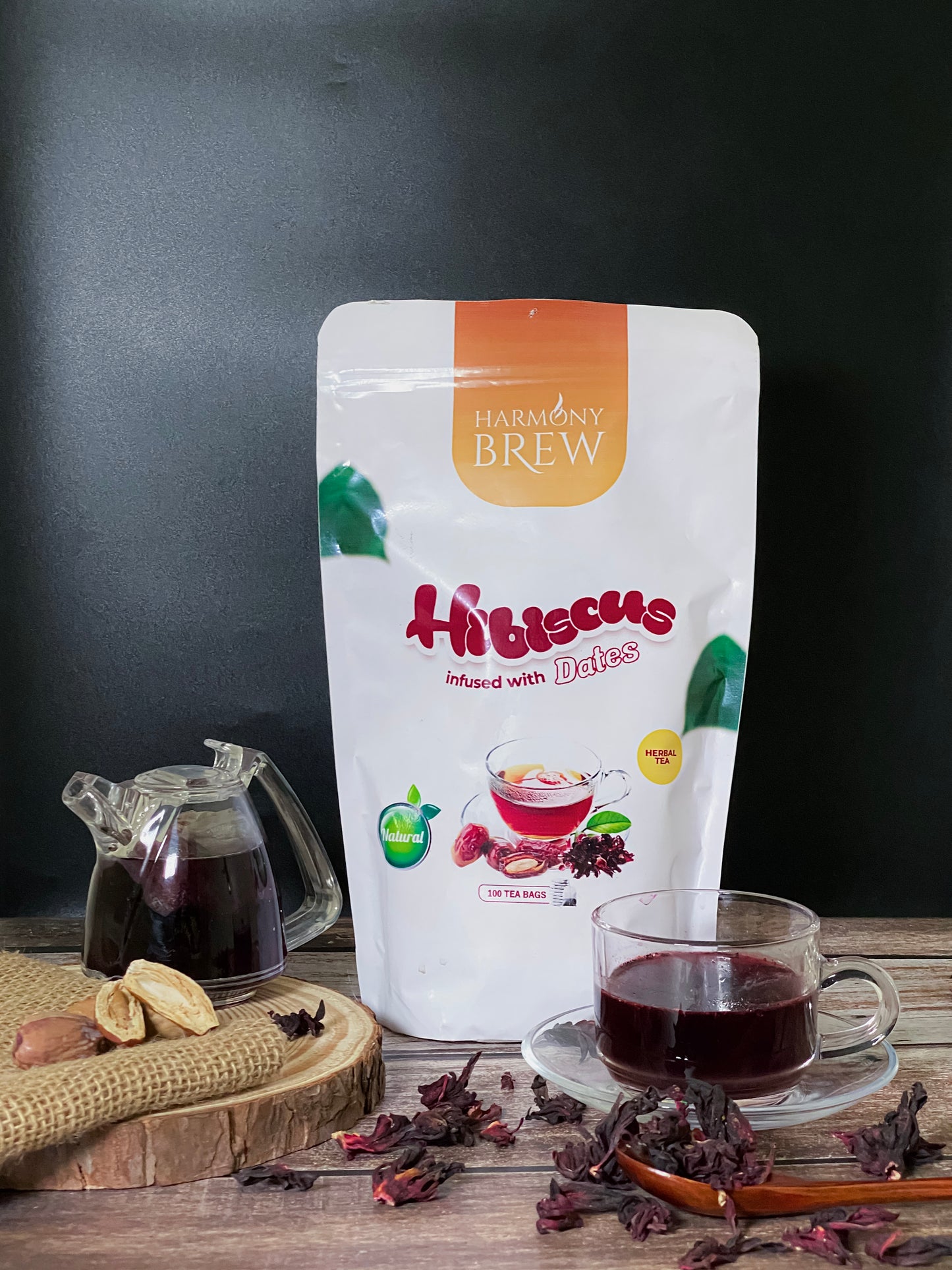 Harmony Brew Hibiscus Tea Infused with Dates – 100 Tea Bags (Herbal, Caffeine-Free)