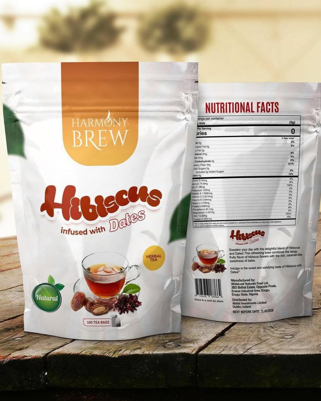 Harmony Brew Hibiscus Tea Infused with Dates – 100 Tea Bags (Herbal, Caffeine-Free)