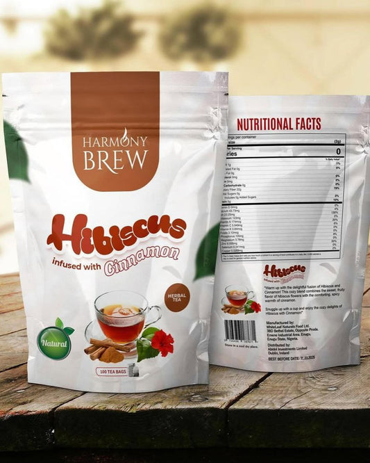 Harmony Brew Hibiscus Tea Infused with Cinnamon – 100 Tea Bags (Herbal, Caffeine-Free)