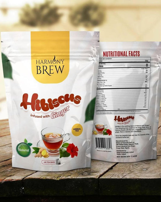 Harmony Brew Hibiscus Tea Infused with Ginger – 100 Tea Bags (Herbal, Caffeine-Free)